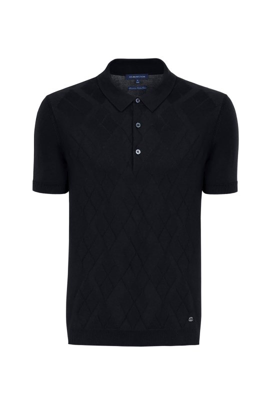 Baklava Desen Giza Pamuk Siyah Triko Polo