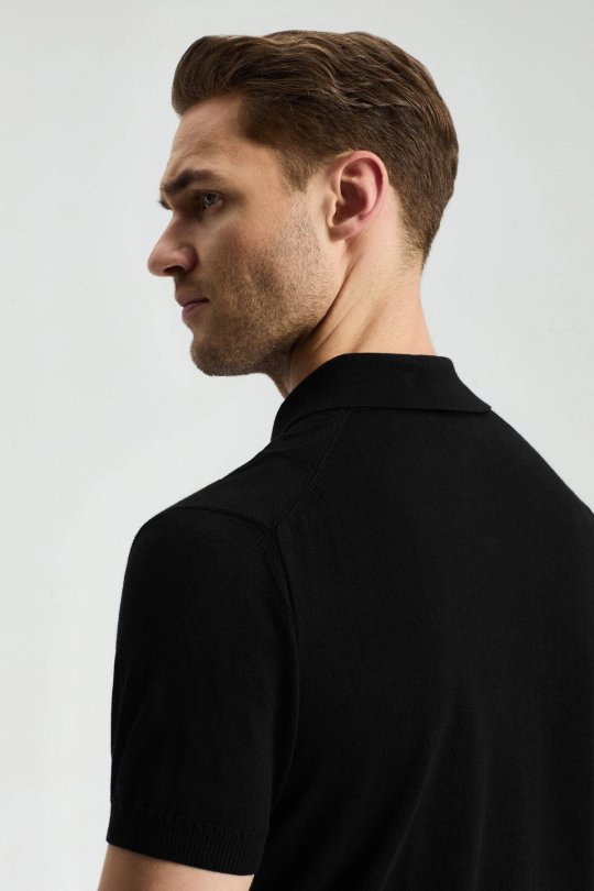 Baklava Desen Giza Pamuk Siyah Triko Polo