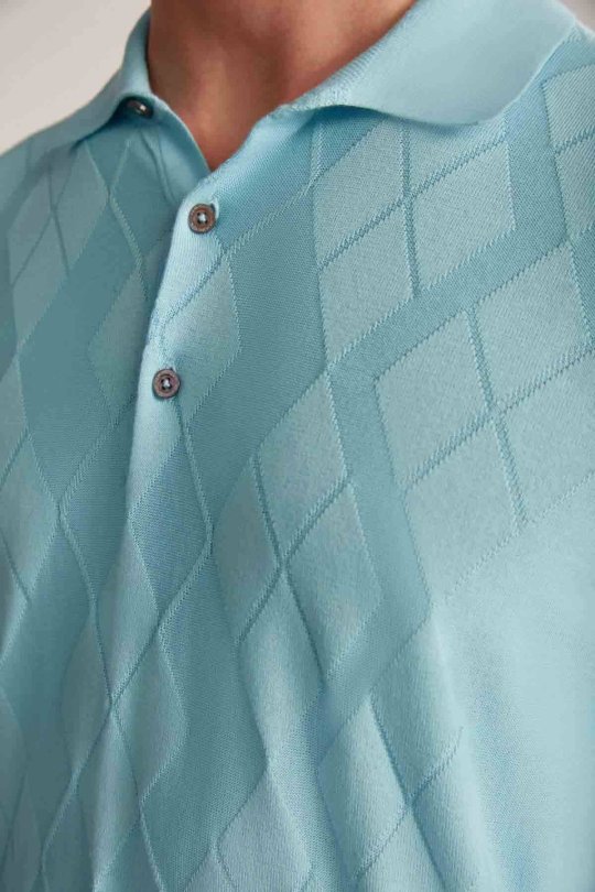 Argyle Desen Giza Pamuk Turkuaz Triko Polo