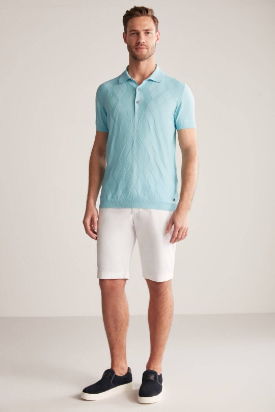 Argyle Desen Giza Pamuk Turkuaz Triko Polo