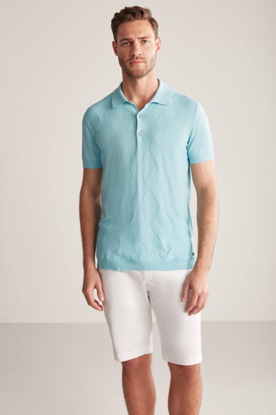 Argyle Desen Giza Pamuk Turkuaz Triko Polo