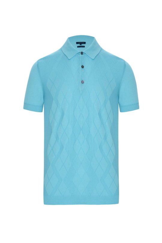 Argyle Desen Giza Pamuk Turkuaz Triko Polo