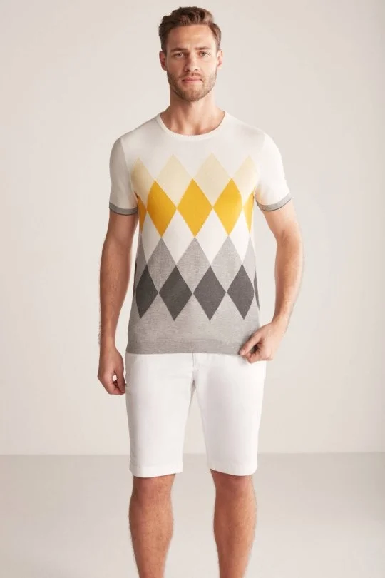 Hemington - Argyle Desenli Gri-Beyaz Giza Pamuk Triko T-Shirt