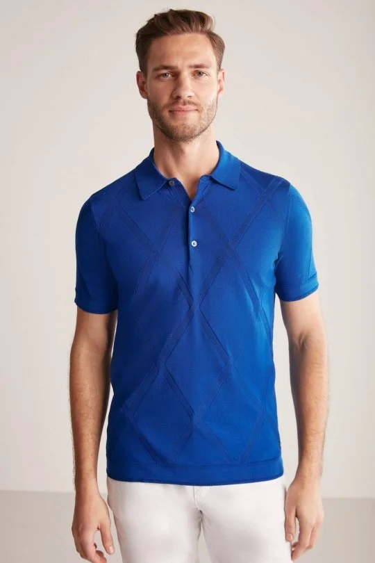 Hemington - Baklava Desen İndigo Mavi Merserize Pamuk Triko Polo