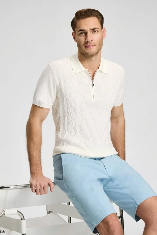 Hemington - Baklava Desen Kırık Beyaz Giza Pamuk Triko Polo