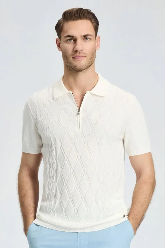 Hemington - Baklava Desen Kırık Beyaz Giza Pamuk Triko Polo (1)