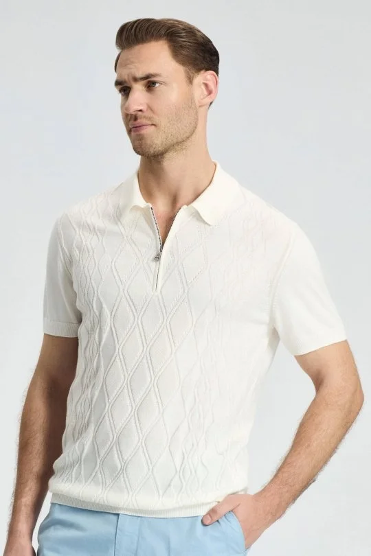 Hemington - Baklava Desen Kırık Beyaz Giza Pamuk Triko Polo (3)