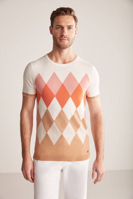 Argyle Desenli Krem Rengi-Beyaz Giza Pamuk Triko T-Shirt