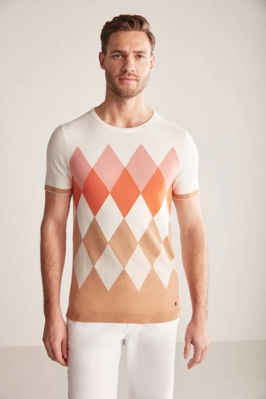 Hemington - Argyle Desenli Krem Rengi-Beyaz Giza Pamuk Triko T-Shirt