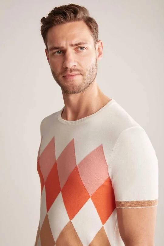 Hemington - Argyle Desen Krem Rengi-Beyaz Giza Pamuk Triko T-Shirt (3)