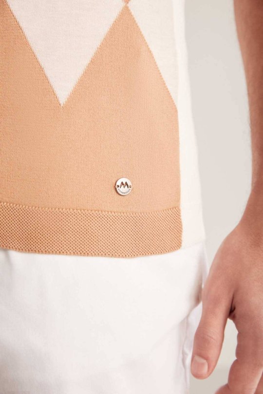 Argyle Desen Krem Rengi-Beyaz Giza Pamuk Triko T-Shirt