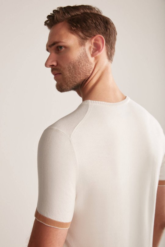 Argyle Desen Krem Rengi-Beyaz Giza Pamuk Triko T-Shirt