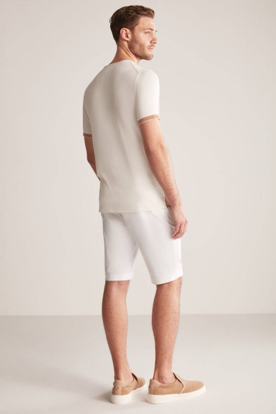 Argyle Desen Krem Rengi-Beyaz Giza Pamuk Triko T-Shirt