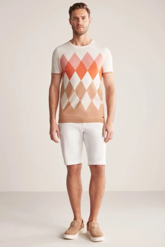 Hemington - Argyle Desen Krem Rengi-Beyaz Giza Pamuk Triko T-Shirt (1)