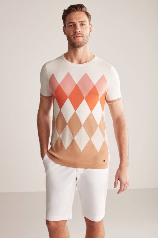 Argyle Desen Krem Rengi-Beyaz Giza Pamuk Triko T-Shirt