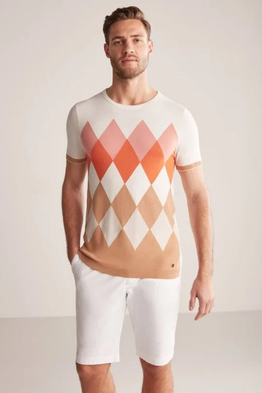 Hemington - Argyle Desen Krem Rengi-Beyaz Giza Pamuk Triko T-Shirt (4)