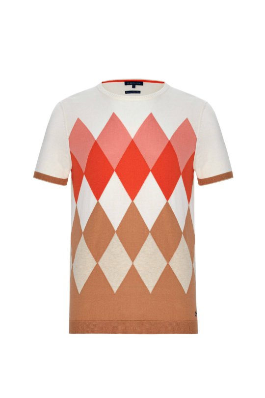 Argyle Desen Krem Rengi-Beyaz Giza Pamuk Triko T-Shirt