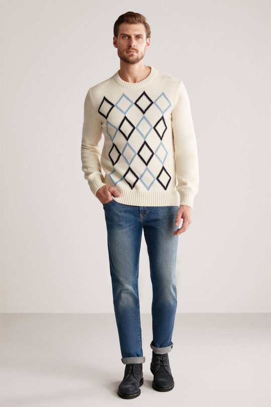 Baklava Desen Lambswool Ekru Kazak