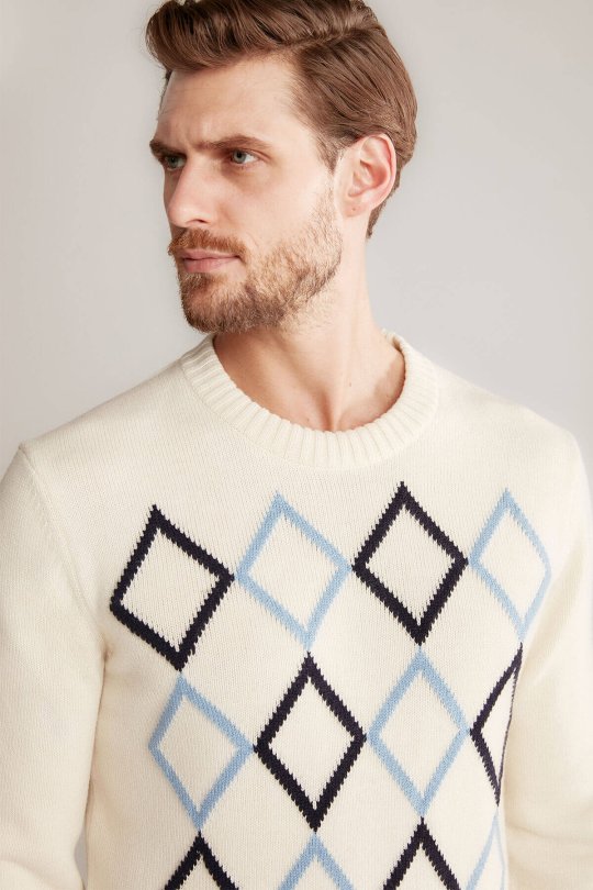 Baklava Desen Lambswool Ekru Kazak