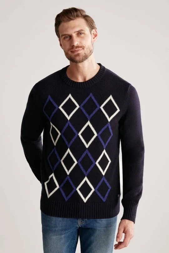 Hemington - Baklava Desen Lambswool Lacivert Kazak (1)