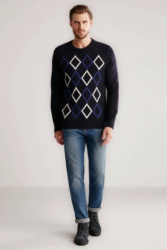 Hemington - Baklava Desen Lambswool Lacivert Kazak (4)