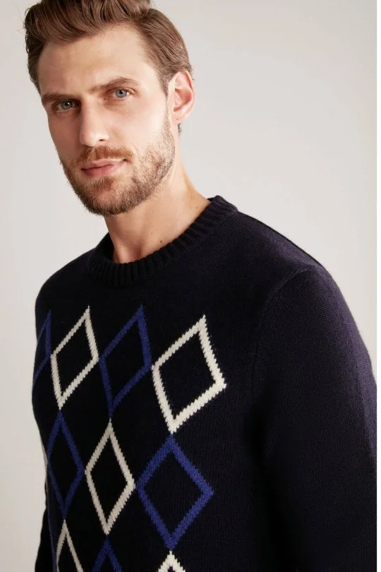 Hemington - Baklava Desen Lambswool Lacivert Kazak (2)