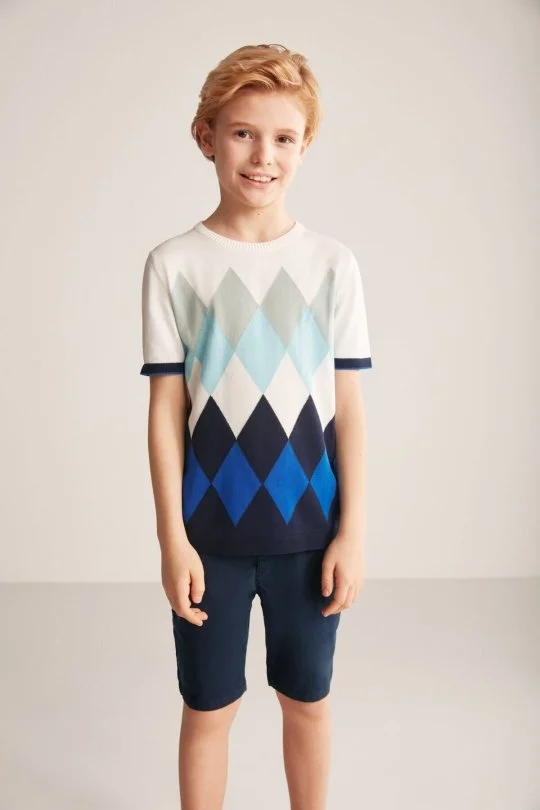 Hemington - Argyle Desenli Mavi-Beyaz Giza Pamuk Çocuk Triko T-Shirt