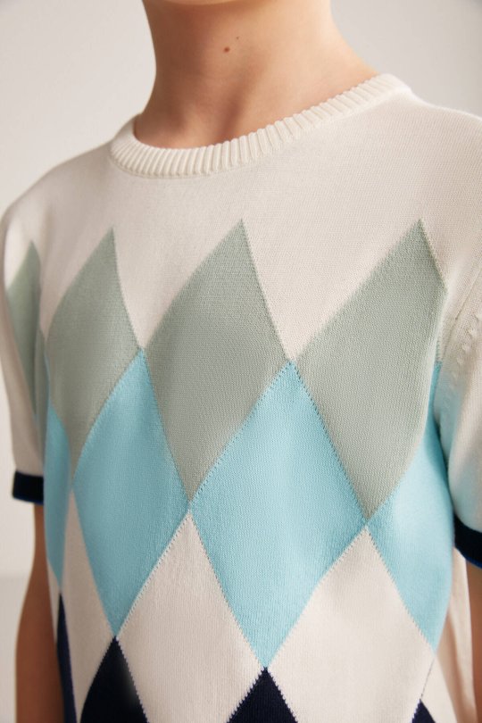 Argyle Desen Mavi-Beyaz Giza Pamuk Çocuk Triko T-Shirt