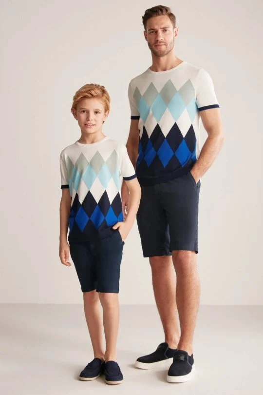 Hemington - Argyle Desen Mavi-Beyaz Giza Pamuk Çocuk Triko T-Shirt (5)