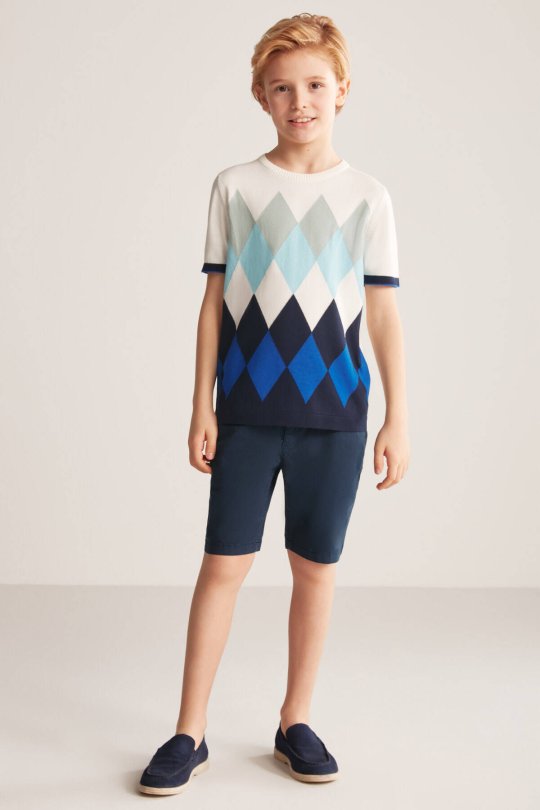 Argyle Desen Mavi-Beyaz Giza Pamuk Çocuk Triko T-Shirt