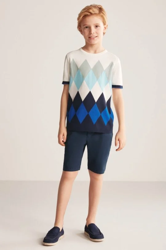 Hemington - Argyle Desen Mavi-Beyaz Giza Pamuk Çocuk Triko T-Shirt (3)