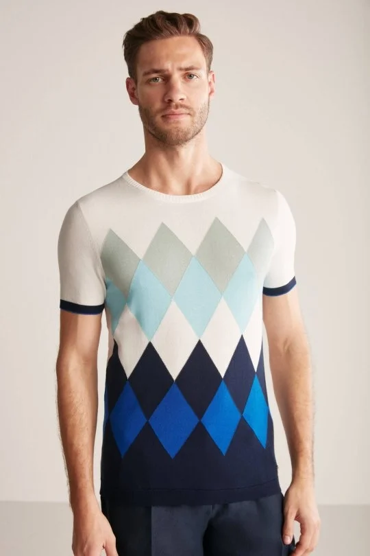 Hemington - Argyle Desenli Mavi-Beyaz Giza Pamuk Triko T-Shirt