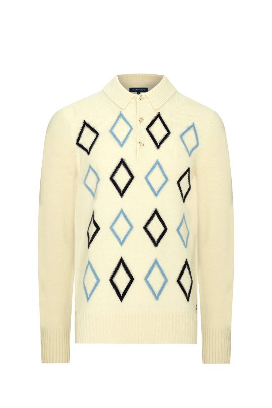 Baklava Desen Polo Yaka Lambswool Ekru Kazak