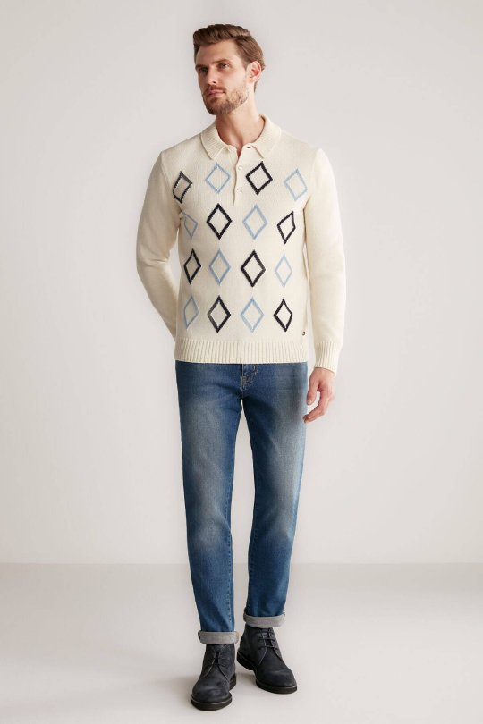 Baklava Desen Polo Yaka Lambswool Ekru Kazak