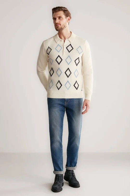 Hemington - Baklava Desen Polo Yaka Lambswool Ekru Kazak (5)