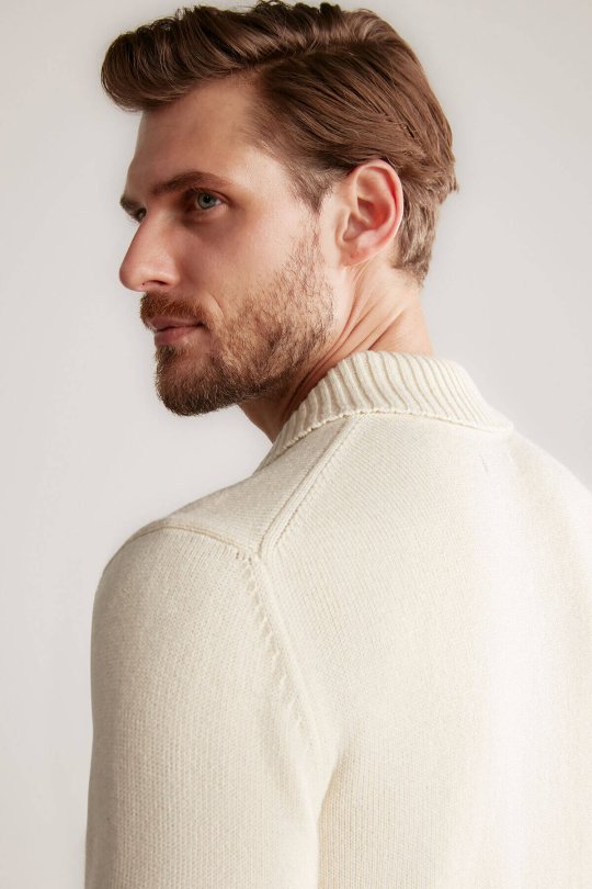 Baklava Desen Polo Yaka Lambswool Ekru Kazak