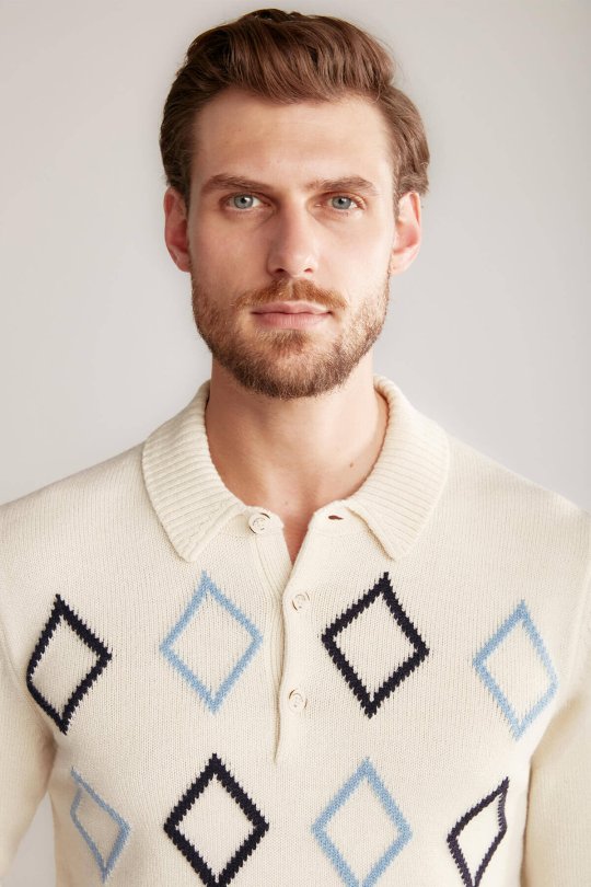 Baklava Desen Polo Yaka Lambswool Ekru Kazak