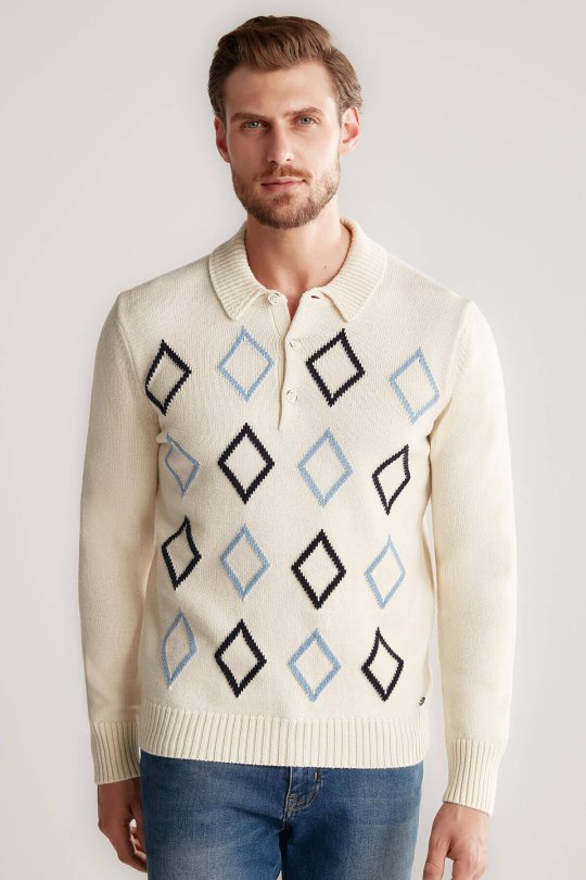 Baklava Desen Polo Yaka Lambswool Ekru Kazak