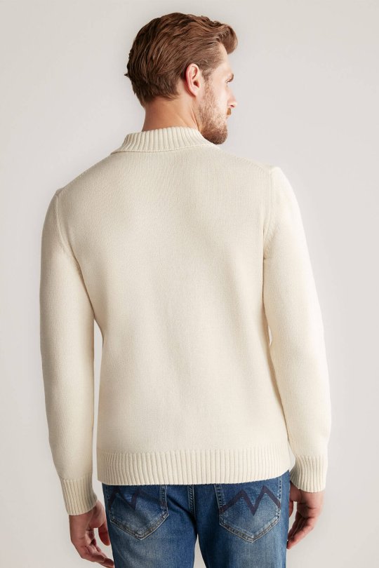 Baklava Desen Polo Yaka Lambswool Ekru Kazak