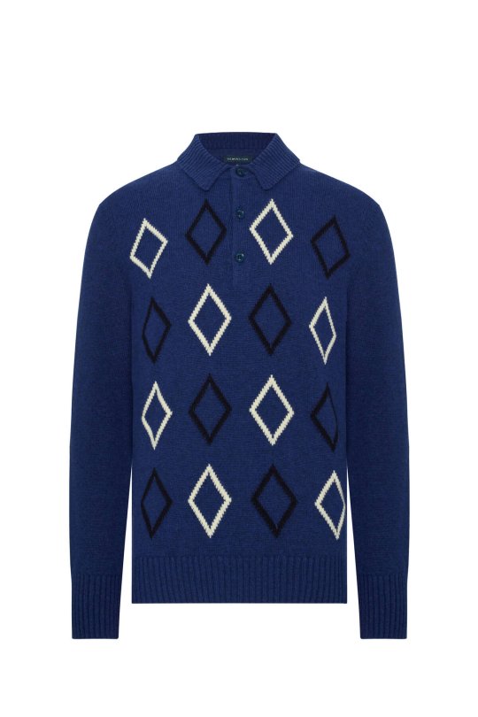 Baklava Desen Polo Yaka Lambswool İndigo Mavi Kazak