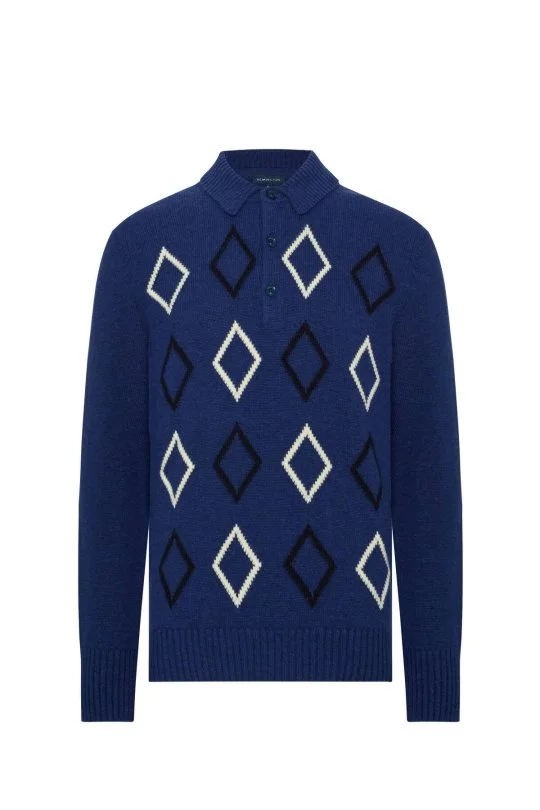 Hemington - Baklava Desen Polo Yaka Lambswool İndigo Mavi Kazak (8)