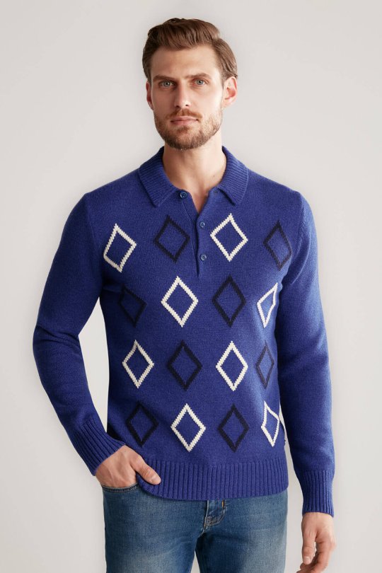 Baklava Desen Polo Yaka Lambswool İndigo Mavi Kazak