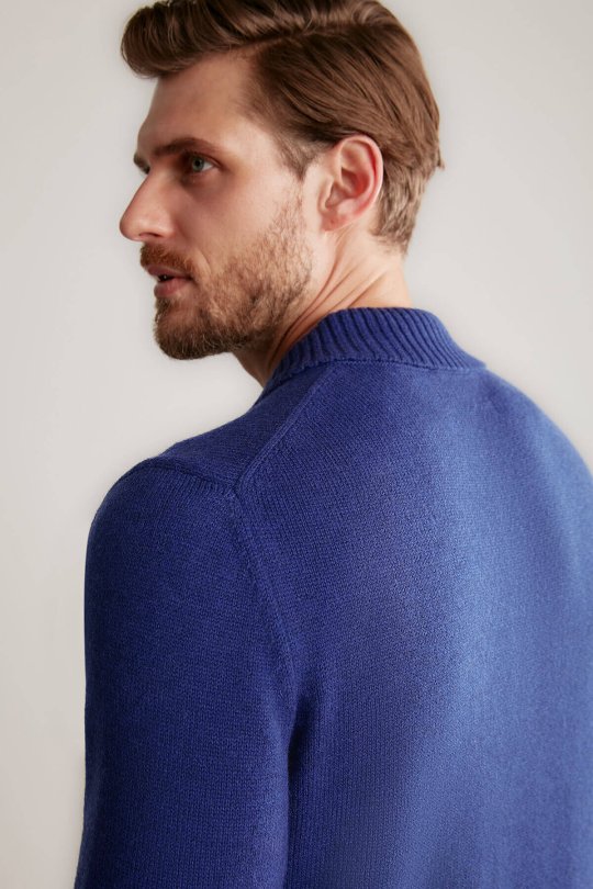 Baklava Desen Polo Yaka Lambswool İndigo Mavi Kazak