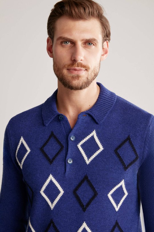 Baklava Desen Polo Yaka Lambswool İndigo Mavi Kazak