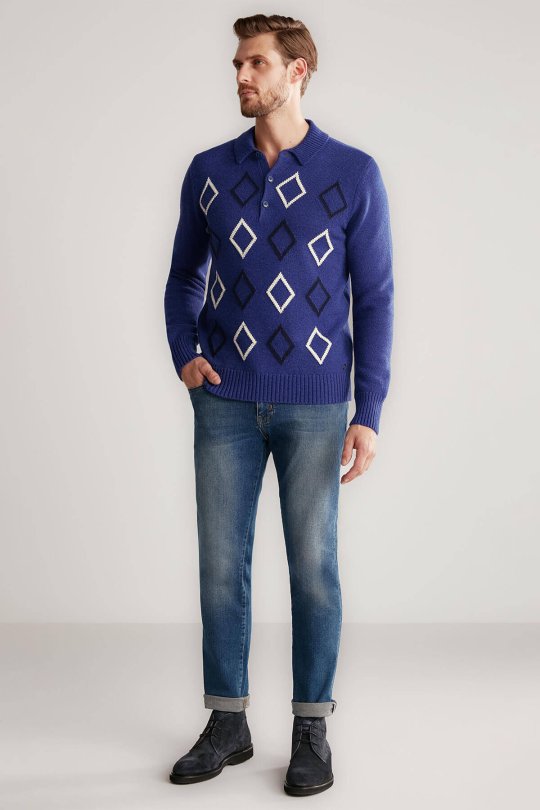 Baklava Desen Polo Yaka Lambswool İndigo Mavi Kazak