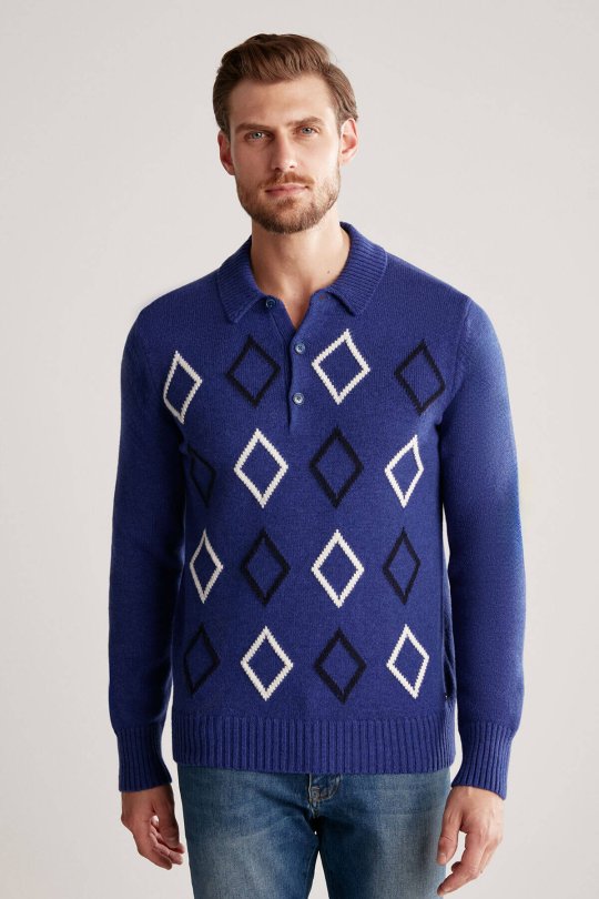 Baklava Desen Polo Yaka Lambswool İndigo Mavi Kazak