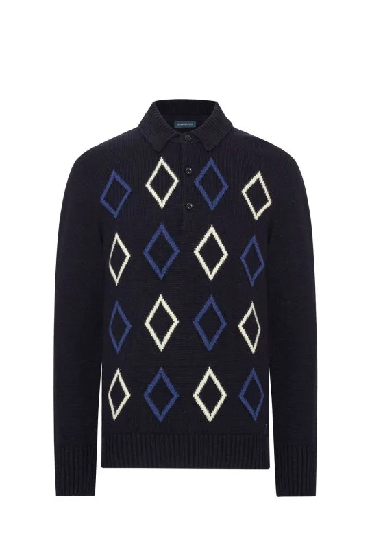 Hemington - Baklava Desen Polo Yaka Lambswool Lacivert Kazak (8)