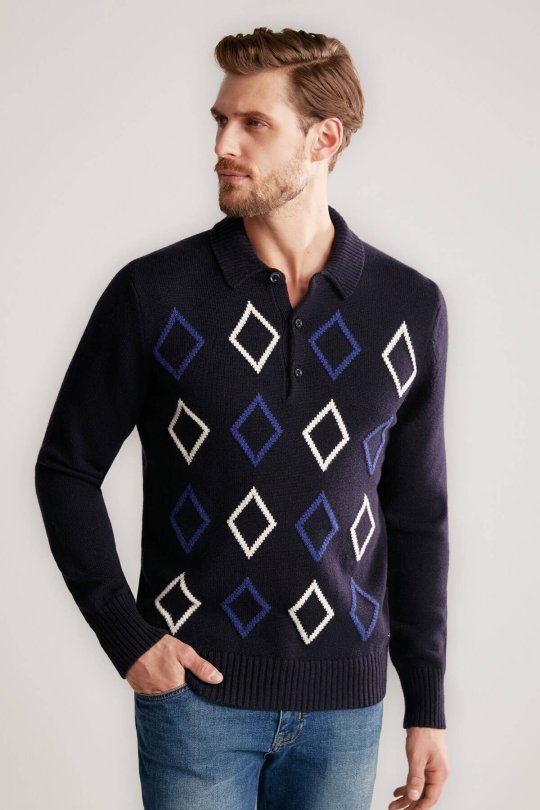 Baklava Desen Polo Yaka Lambswool Lacivert Kazak
