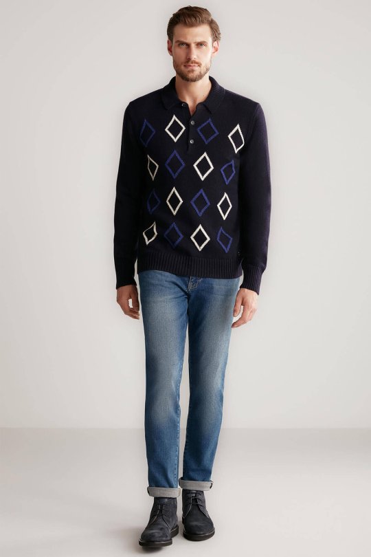 Baklava Desen Polo Yaka Lambswool Lacivert Kazak