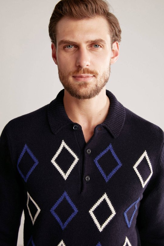 Baklava Desen Polo Yaka Lambswool Lacivert Kazak